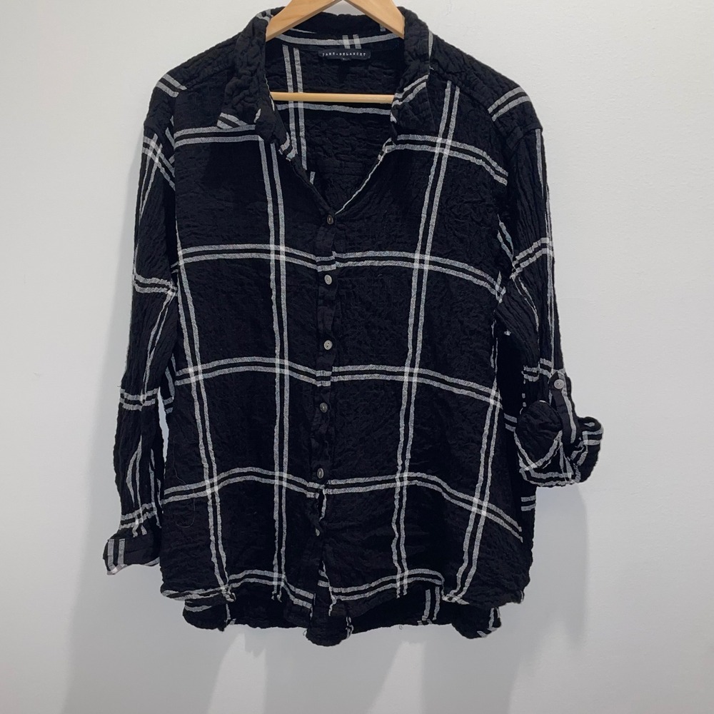 Jane + Delancey Black White Windowpane Plaid Roll Tab Button Down Shirt 3X